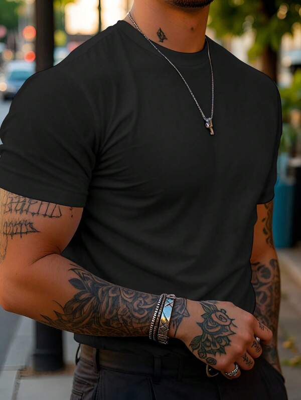 Manfinity Dauomo Men's Solid Color Round Neck Short Sleeve T-Shirt, Simple And Fashionable