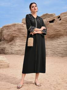 Al Najma Kaftan dài truyền thống Ả Rập thêu bảo thủ màu xanh nhạt dành cho nữ, váy dài Thổ Nhĩ Kỳ, Kaftan khiêm tốn - màu đen - Xem 5