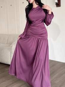 Modelyn Women's Elegant Solid Color Ruched Lantern Sleeve Purple Dress - Purple - View 4