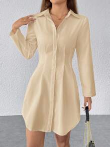 SHEIN PETITE 纯色卷袖收腰前扣衬衫连衣裙、休闲通勤装 - 杏色 - 查看 5