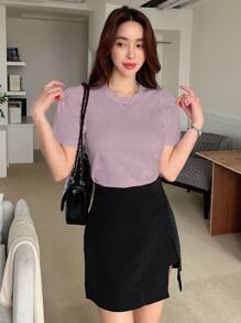 DAZY Puff Sleeve Solid Tee,Crop Tops Women - Dusty Purple - View 5