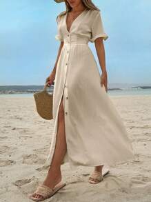 EURMUSE Váy viền bèo nhún màu trơn cho nữ, cài nút phía trước - Màu be - Xem 5