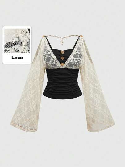 Grunge Punk Y2K Harajuku Gyaru Style Cross Back Pendant Decor Women Lace Cold-Shoulder Blouse