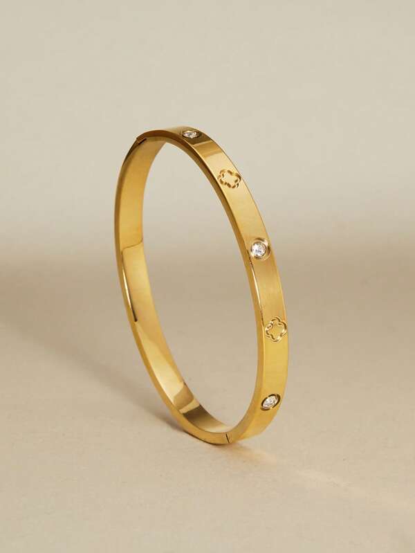 1 pieza Brazalete de acero inoxidable dorado con piedras artificiales para mujeres, no se mancha, ovalado, chapado en oro de 18k con flores de circonita cúbica artificial. Regalo de diseñador de joyería para adolescentes, San Valentín, Navidad, Invierno