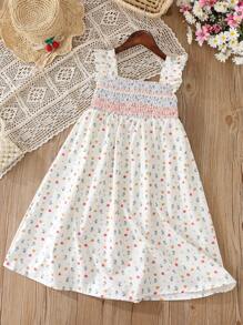 SHEIN Girls' Casual Princess Style Floral Print Dress, Beige