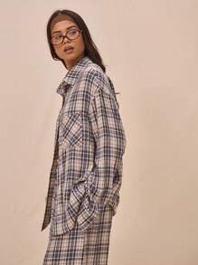 MUSERA 宽松版型格纹翻领纽扣长袖法兰绒老爹衬衫 春季街头风 90年代 - 彩色 - 查看 3