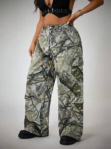 SHEIN ICON Plus Size Women's Branch Print Straight Leg Jeans - Multicolor - View 5