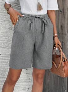 EMERY ROSE Bermuda Shorts, Solid Color, Side Pockets, Loose, Knee-Length, Mid-Waist, Basic Style - Grey - View 4