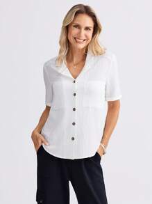 Miaspire Damen weiße Kurzarm Lässig Bluse mit Brusttasche, Frühling/Sommer