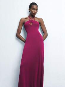 Maija 优雅紫色镂空金属装饰针织长裙，性感度假时尚，适合夏季、圣帕特里克节、春假、复活节