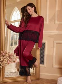 Lace Contrast Color Women Pajama Set With Long Sleeve Top And Pants - Red - View 1