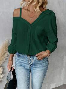 SHEIN Essnce Damen Frühling/Herbst einfarbige Bluse mit asymmetrischem Kragen, weite Passform mit tiefen Schultern, lässiger Lässig-Stil, Frühling und Sommer neue Mode Straßenmode Lässig asymmetrische Schulterbluse