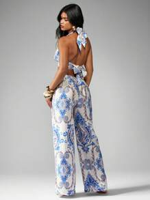 MISSGUIDED Bohemian Summer Palazzo Pants Wide Leg Drawstring Trousers Beach Resort Wear Floral Print Airy Loose Bottoms Vacation Holiday Lounge Wear - Multicolor - View 2