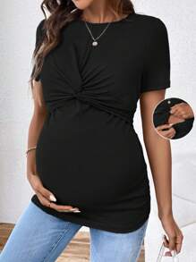 SHEIN Maternity Casual Crew Neck Slim Fit Maternity Nursing T-Shirt, Short Sleeve Black