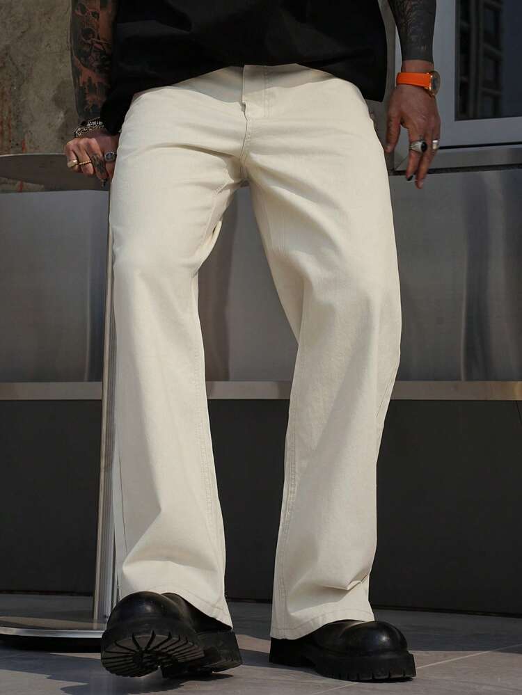 Men's Simple Solid Color Straight-Leg Pockets Denim Jeans, Summer