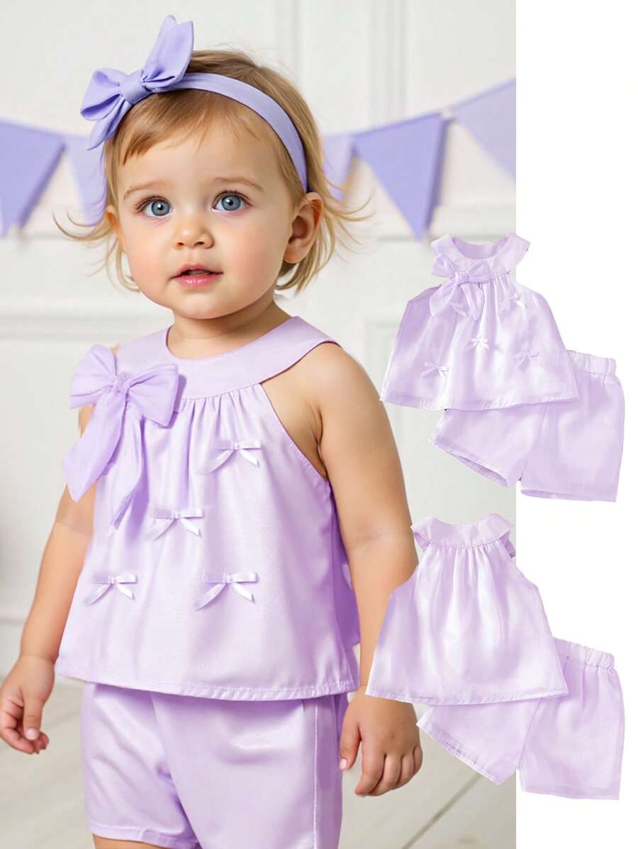 2pcs/Set Infant Girls' Summer Korean Style Casual Cute Woven Car & 3D Bow Decor Pink Outfit