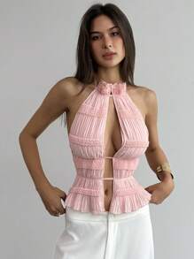 Aloruh Pink Textured Top New Sexy Open Back Tie-Up Design Sweet Ruffle Jacquard Revealing Split Pink Halter Tank Top,Rave Top Fashion Clothing Holiday Outfits For Women Vacation Outfits Women Summer Spring Outfits Street Chic - Pink - View 5