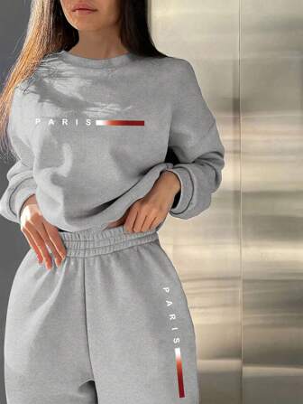 BamGleam 2pcs Paris Simple Digital Print Casual Comfortable Matching Women Fleece Sweatshirt And Pants Set, Versatile For Streetwear Fall Cloth For Women