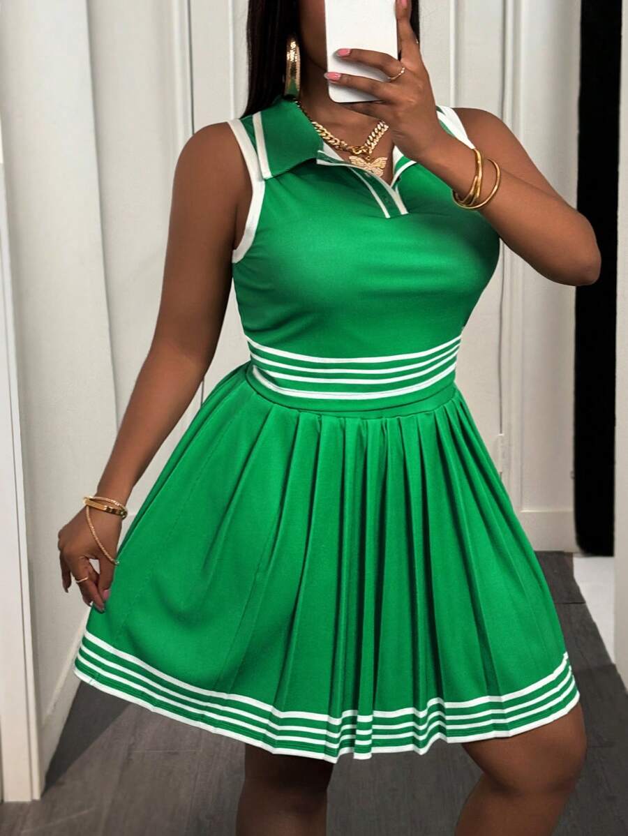 Slaydiva Plus Size Women Casual Sports Tennis Style Striped Two-Piece Set,Holiday Outfits