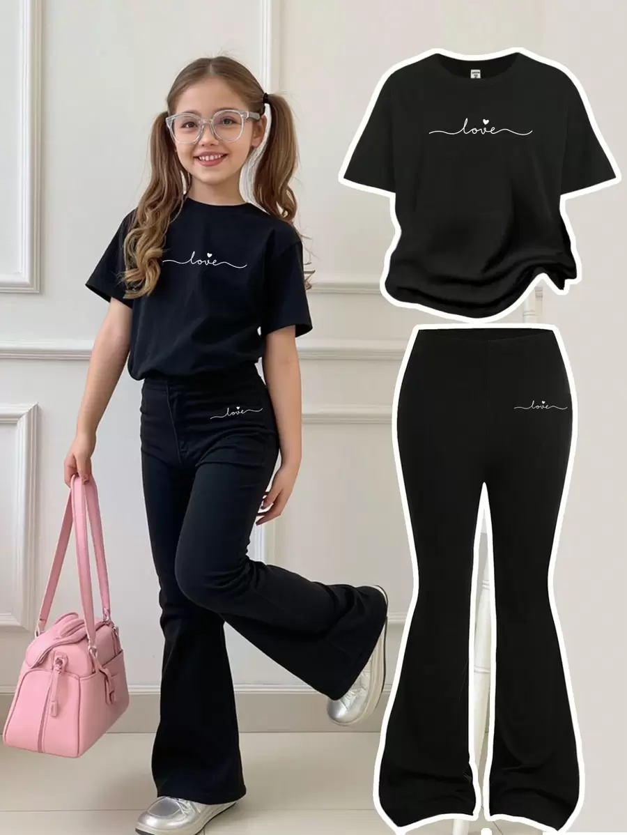 SHEIN 2 件套女童休闲情侣字母心形图案宽松短袖 T 恤和喇叭长裤夏季套装 - 黑色 - 查看 1
