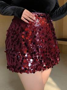 Dazy Plus Plus Size Sequin Embellished Bodycon Mini Skirt, Versatile For All Seasons Club New Years - Burgundy - View 5