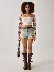 Easelle Summer Beach Vacation Island Crocheted Floral Woolen Cropped Top - Multicolor - View 4