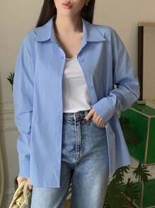 DAZY 女士纯蓝色休闲衬衫，商务休闲 - 藍色 - 查看 8