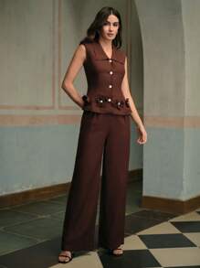 ZEYLAH Women's Elegant Faux Pearl & 3D Floral Decor Sleeveless Linen Blouse