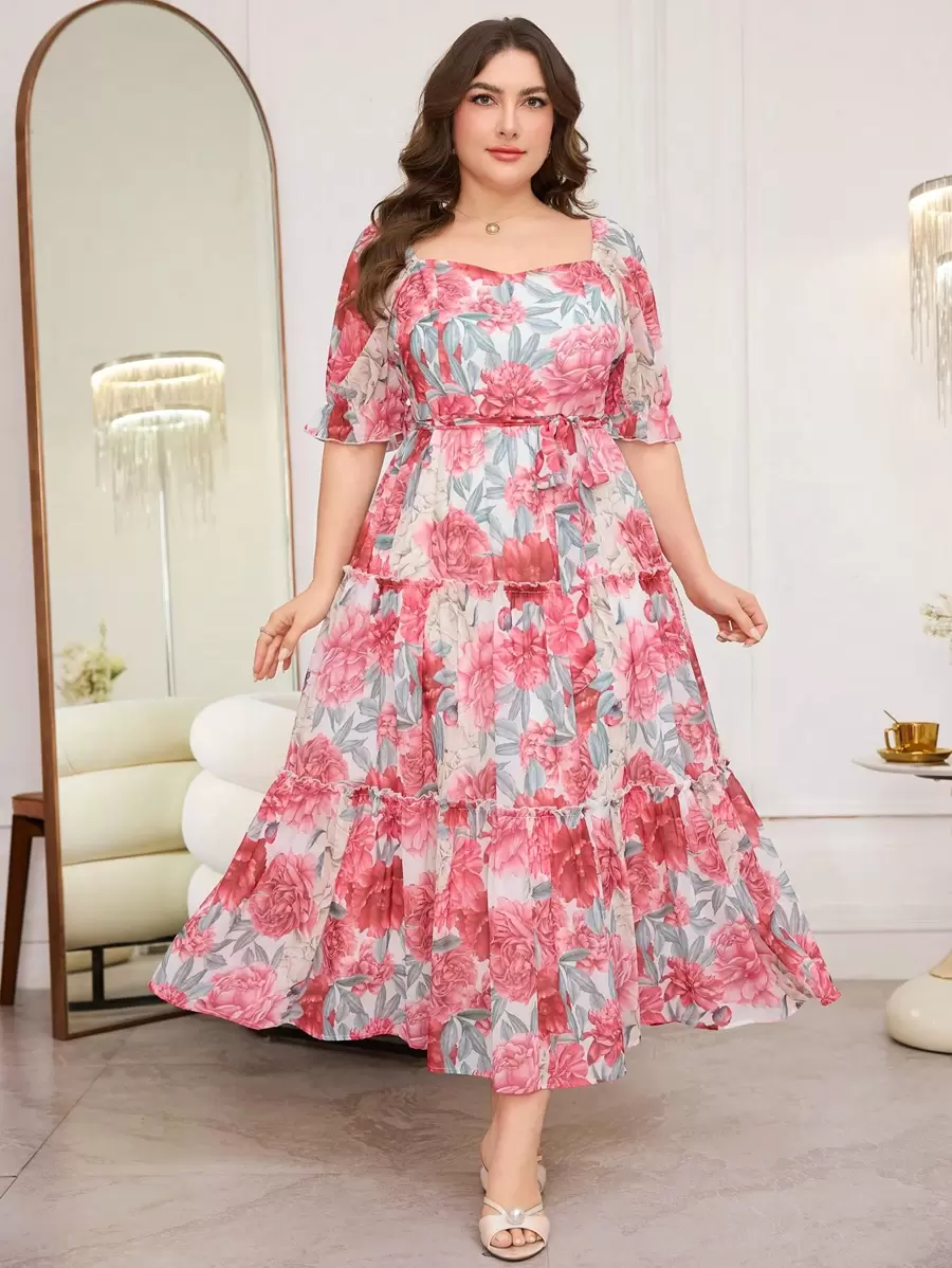 Modelyn Floral Print Elegant Plus Size Bodycon Dress - Multicolor - View 1