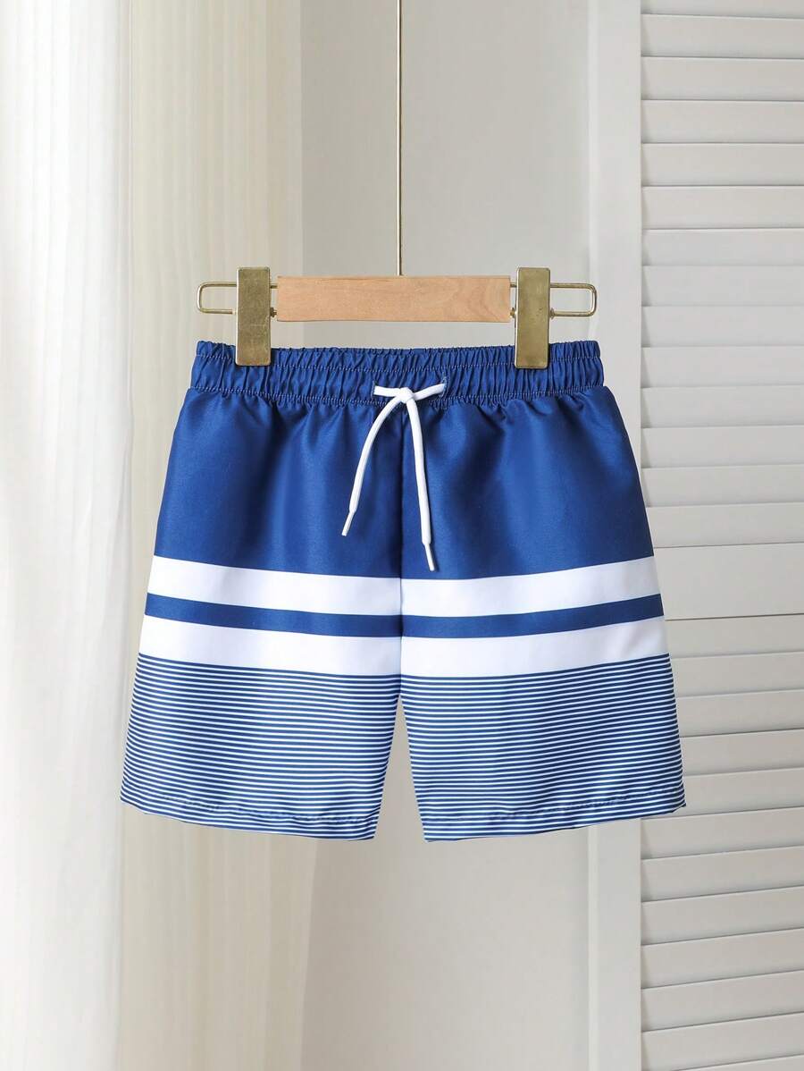 Young Boy Striped Patchwork Solid Color Swim Trunks, Woven Nylon Drawstring - Multicolor - View 1