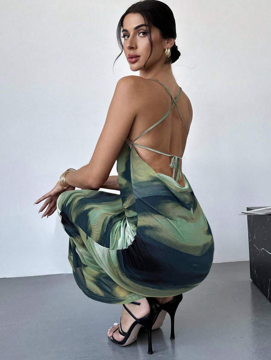 Firerie 女式夏季优雅度假性感渐变扎染 V 领露背蕾丝覆盖紧身中长吊带连衣裙