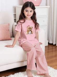 SHEIN Leap Crew Cute Bear Plaid Pattern Tween Girls Casual Minimalist Round Neck Short Sleeve T-Shirt And Loose Pants Loungewear Set, Suitable For Spring & Summer - Multicolor - View 5