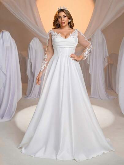 Aureia Vestido largo elegante y lujoso de manga larga transparente, con bordado de flores de encaje, cristales y perlas, mezcla de tela de satén y con pliegues de ballena, con falda maxi y cola, adecuado para bodas, fiestas, vacaciones, novia, Día de San Valentín