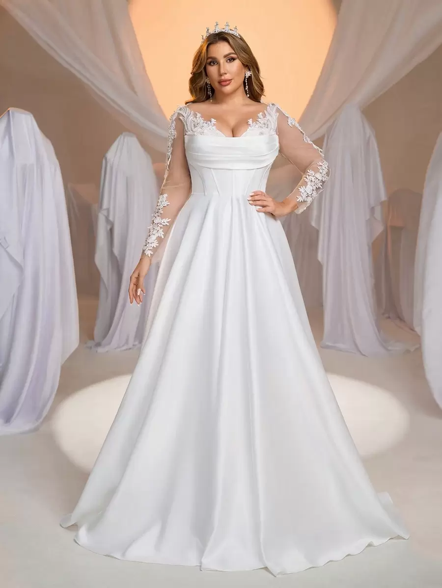 Aureia Vestido largo elegante y lujoso de manga larga transparente, con bordado de flores de encaje, cristales y perlas, mezcla de tela de satén y con pliegues de ballena, con falda maxi y cola, adecuado para bodas, fiestas, vacaciones, novia, Día de San Valentín - Blanco - Ver 1