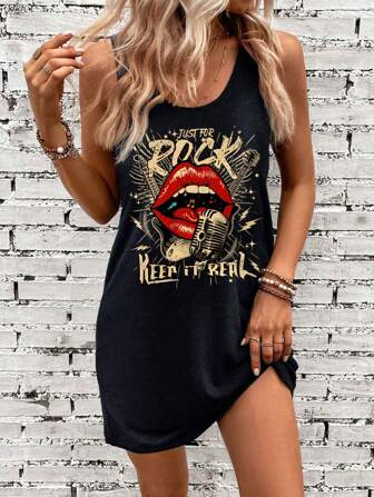 SHEIN LUNE Robe débardeur à imprimé lèvres rouges, style rock minimaliste décontracté, convenant pour les festivals de musique d'été