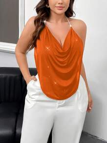 Firerie Plus Size Women Elegant Glitter Layered Ruffle Draped Neck Rhinestone Chain Strap Party, Wedding, Ball Cami Top, Suitable For Spring/Summer