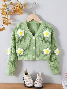 SHEIN Young Girl 3D Floral Decor Long Sleeve Casual Cardigan, Autumn/Winter