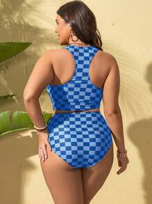 Swim Lushoire Conjunto de traje de baño de dos piezas para mujer talla grande, con estampado cuadrado y efecto de recogido, estilizante y sexy - Azul - Ver 2