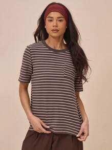 MUSERA 柔软触感圆领前袋短袖条纹T恤，90年代春夏街头风 - 彩色 - 查看 1