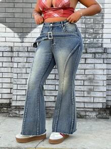 SHEIN ICON Plus Size Retro Waist Belt Slimming Skinny Denim Jeans - Blue - View 4