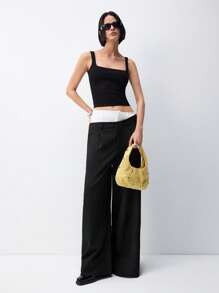 LYSMO Fashion Commuter Double Waistline Color Block Wide Leg Dress Pants - Black - View 1