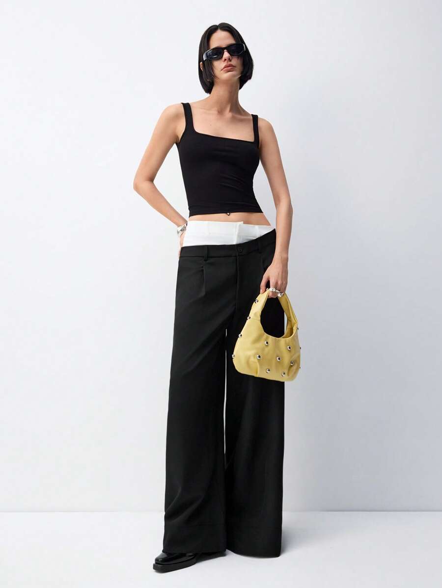 LYSMO Fashion Commuter Double Waistline Color Block Wide Leg Dress Pants - Black - View 1