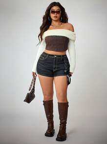 Jeanoix Pantaloni scurți din denim pentru femei, stil cowboy occidental, mărime plus, la modă, spălati, albastru închis, cu elastic ridicat, cu bowknot, de vară - Spălare întunecată - Vizualizare 3