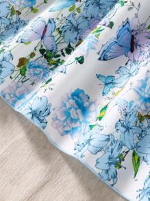 女童休闲乡村度假蝴蝶印花编织连衣裙配可拆卸大蝴蝶结，春夏 - 淺藍色 - 查看 6