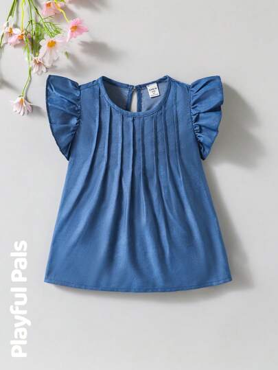 SHEIN Blouse en jean à manches courtes plissées style décontracté pour jeune fille