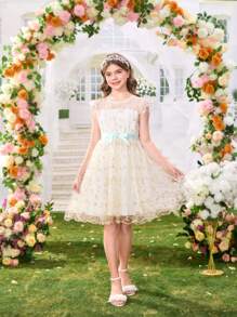 Tween Girls Elegant Embroidered 3D Flower Mesh Bell Sleeve Dress With Belt, Suitable For Spring And Summer,Holiday,Summer,Travel - Apricot - View 5