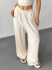 SHEIN EZwear Quần dài ống rộng cạp rút vải lanh màu mơ cỡ lớn cho mùa hè - Màu be - Xem 3