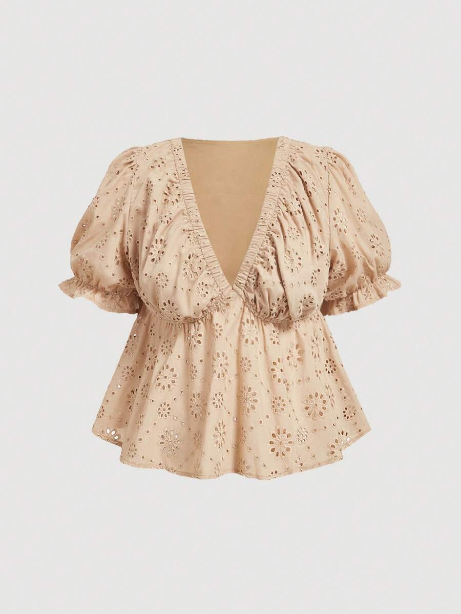 SHEIN MOD Oversize Apricot Jacquard V-Ausschnitt Lässig Urlaubsbluse für Jugendliche