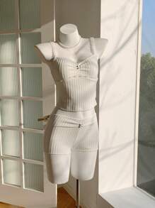 Comfortcana Conjunto informal de 2 piezas de mujer con camiseta de tirantes con volantes de encaje y contraste de color, y shorts - Blanco - Ver 4