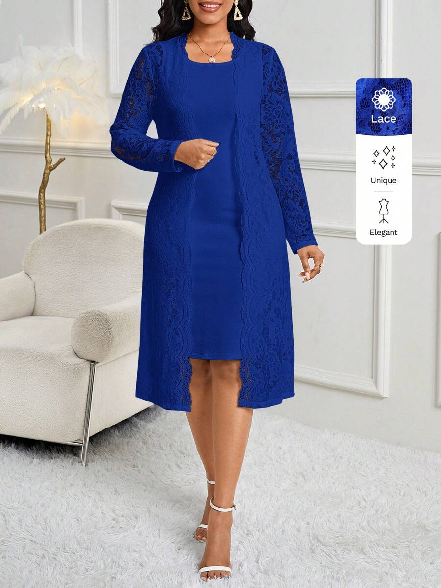 SHEIN Lady 2 件套女士时尚优雅蕾丝开衫和白色修身紧身连衣裙 - 寶藍色 - 查看 1